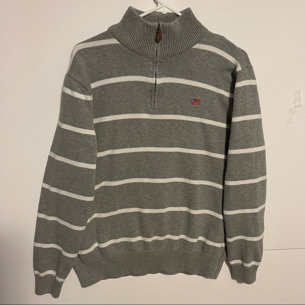 Mens Vintage Ralph Lauren Quarter Zip Jumper Grey Striped Polo Jeans Co (SIZE L)